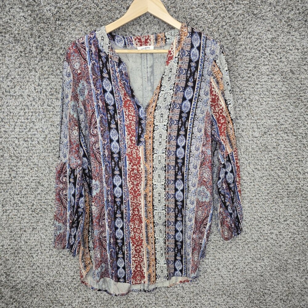 UMGEE Dress Womens Large‎ Blue Paisley Print Mini V Neck Long Sleeve Boho Casual